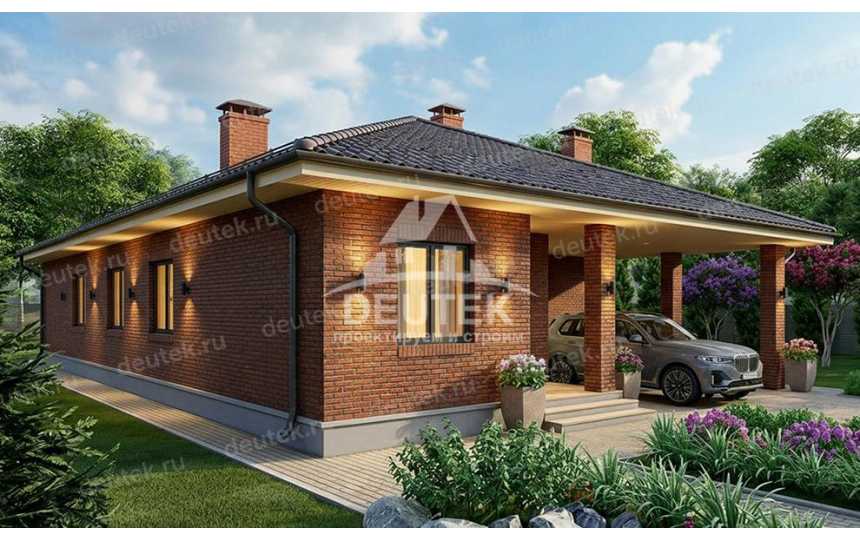 Проект узкого одноэтажного дома с навесом для автомобиля - LK-376